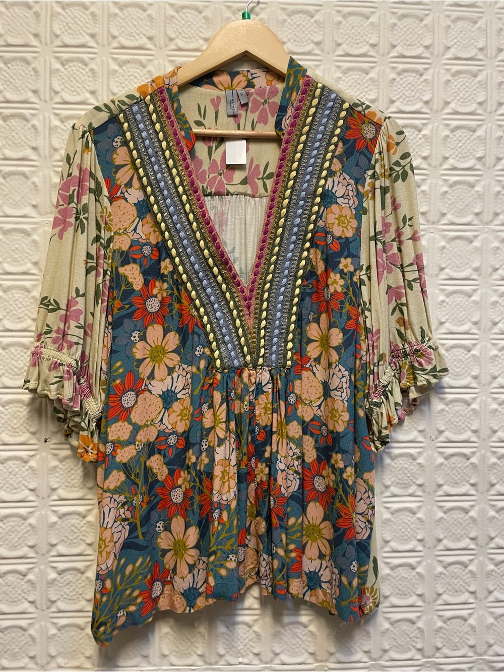 Floral V-Neck Peasant Blouse in Teal and Cream